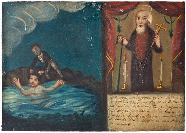 Infinitas Gracias exhibition. Infinitas Gracias: Mexican Miracle Paintings. Votive on tin, 1861 (c) Museo Nacional de Historia – INAH On the first day of June 1861, Juan Garcia was drifting into unconsciousness while bathing in a pool* and anxious that he was drowning and near death, he passionately invoked Our Lord Saint Francis who saved him from such dreadful death. the smoke could suggest a hot spring