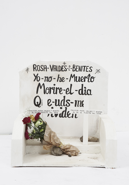 Ximena Garrido-Lecca. The Dead V (I am not dead, I will die the day you will forget me) 2011. Wood, PVA, plaster, acrylic, emulsion, flowers. 76 x 77 x 64 cm. Courtesy of the Max Wigram Gallery