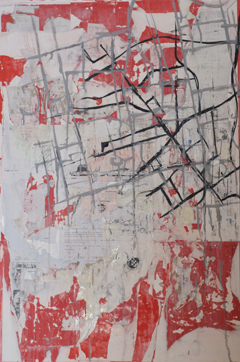 Collate 4, red, mixed media on canvas, 90x60cm