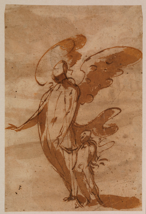 Francisco de Herrera the Younger  (Seville 1627-1685) attributed. Guardian angel walking with a child. Verso: Fragment of a landscape. Pen and brush, brown ink, brown wash, Verso: pen and brown ink wash. 130 x 88 mm © The Courtauld Gallery, London