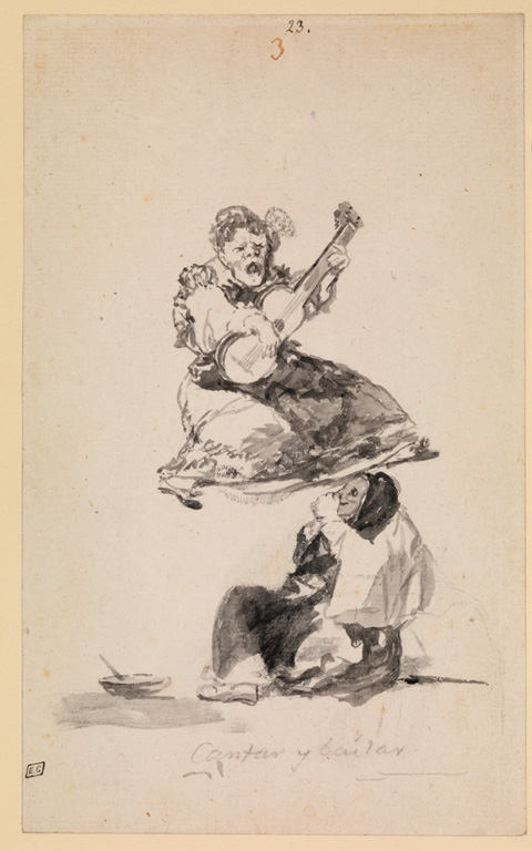 Francisco de Goya y Lucientes (Fuendetodos 1746-1828 Bordeaux). Cantar y Bailar [Singing and Dancing], c, 1819-20. Point of brush and black ink, with scraping in the mouth of the upper figure. Inscribed in black chalk. 145 x 235 mm © The Courtauld Gallery, London