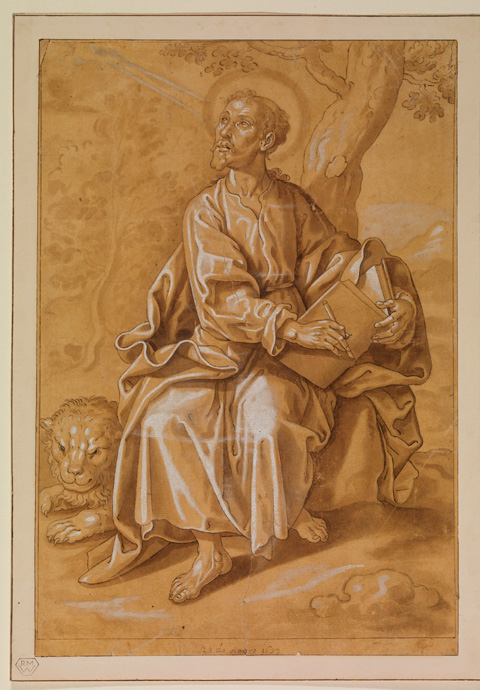 Francisco Pacheco (Seville 1564-1644). Saint Mark. Pen and brown ink and darker ink, brown wash, heightened with white body colour, on medium-brown toned paper, inscribed lower edge centre, 23 de Octubre 1632. 362 x 221 mm © The Courtauld Gallery, London