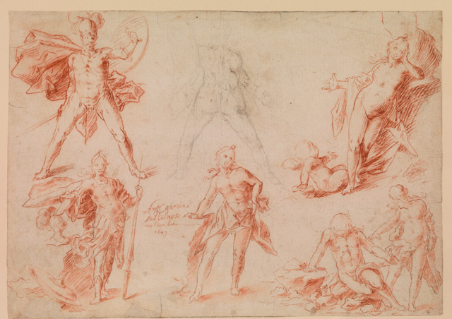 Antonio García Reinoso (Granada 1623-1677 Córdoba). Sheet of figure studies, 1649. Red and black chalk; blending with damp brush or stump. Artist's signature and date are left of the centre, in red chalk. AnttO garcia / De Reinoso / nobien-bre / 1647. 214 x 303 mm. © The Courtauld Gallery, London