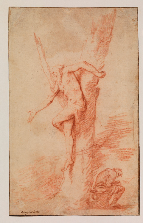 Jusepe de Ribera (lo Spagnoletto) (Játiva 1591-1652 Naples). Man tied to a tree, and a figure resting. Red chalk, trimmed to later framing line in dark brown ink, inscribed lower left in dark brown ink spagnoletto. 241 x 150 mm. © The Courtauld Gallery, London