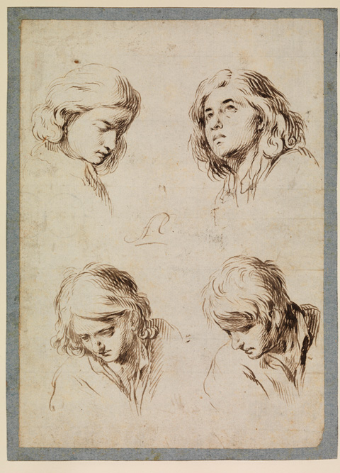 Antonio del Castillo y Saavedra (Córdoba 1616-1668). Four studies of the head of a young man. Pen and brown ink. Autograph monogram in centre A.C. 219 x 156 mm © The Courtauld Gallery, London